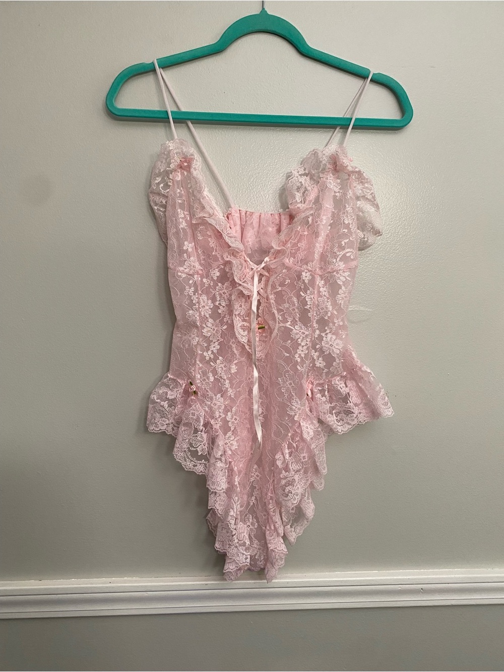 Vintage Tosca Lingerie Womens Med Lace Baby Pink Bride RoseBud Bodysuit Negligee